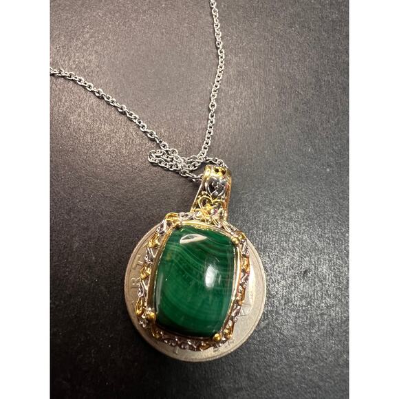 New Karis Platinum & 18K Gold Plated Malachite Pendant Necklace 20” - Picture 2 of 10